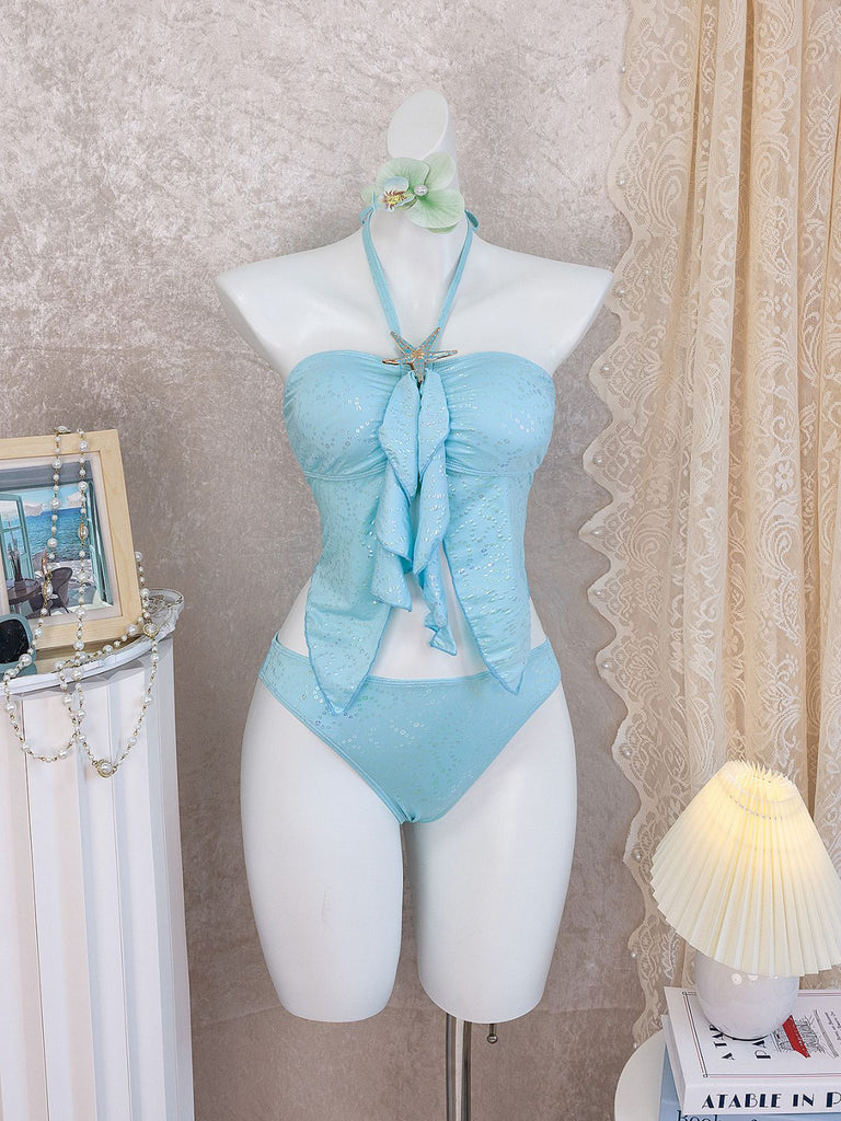 Bleu Ciel Halter Volant Nœud Pailleté Ensemble Tankini Années 1950 7