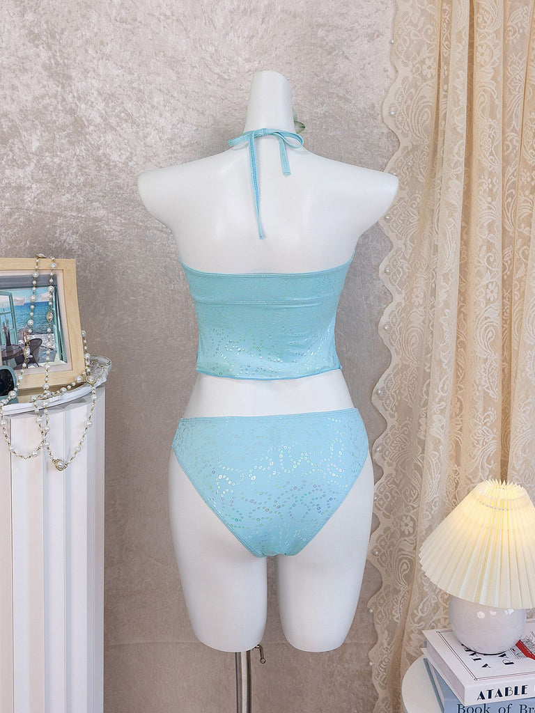 Bleu Ciel Halter Volant Nœud Pailleté Ensemble Tankini Années 1950 8