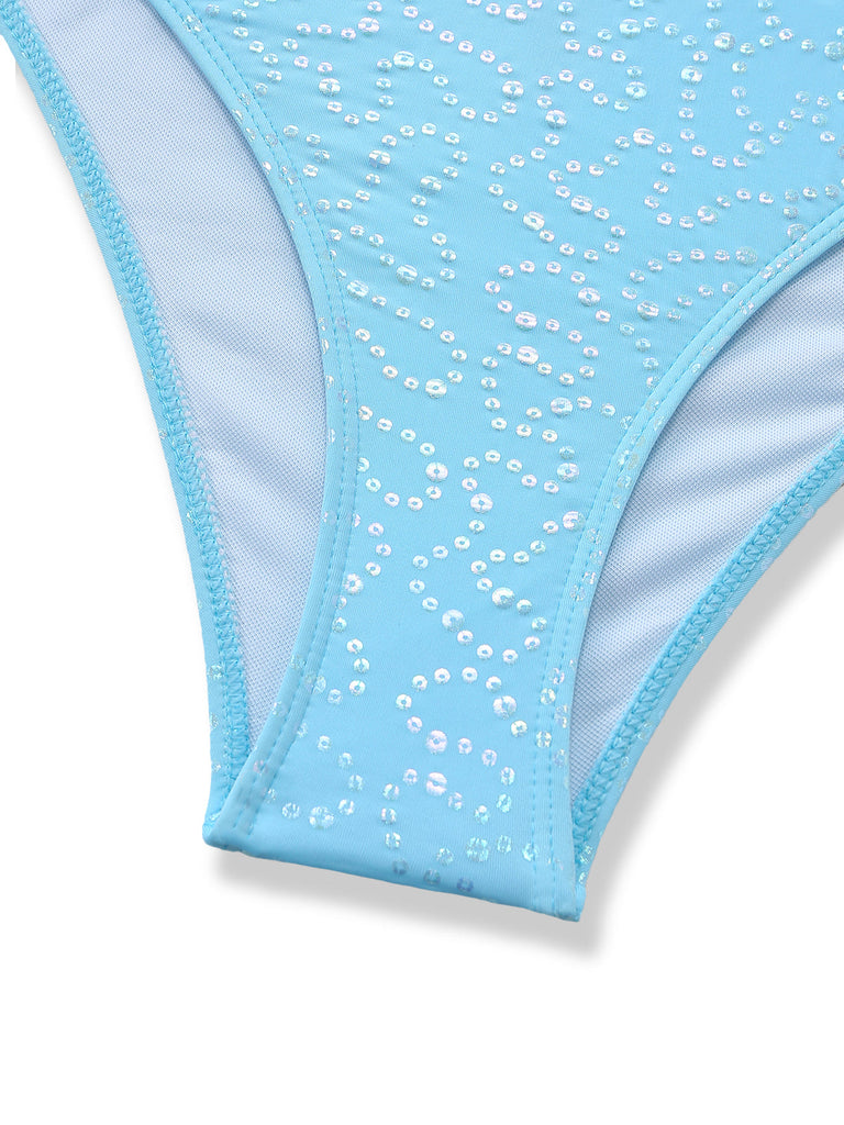 Bleu Ciel Halter Volant Nœud Pailleté Ensemble Tankini Années 1950 6