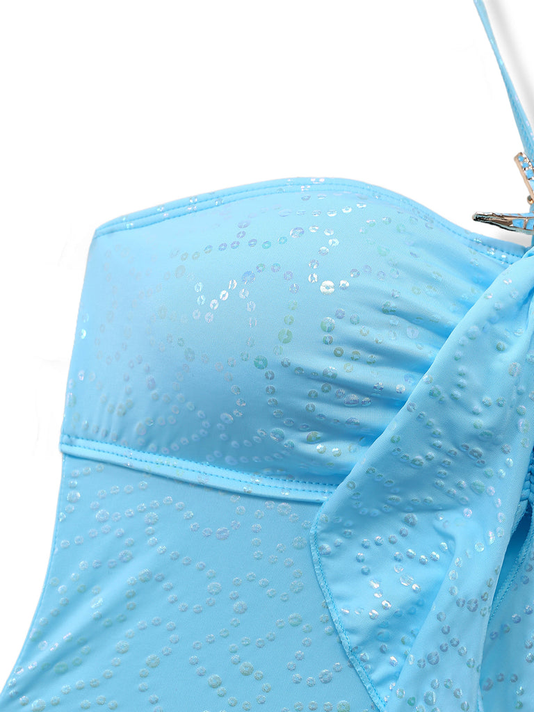 Bleu Ciel Halter Volant Nœud Pailleté Ensemble Tankini Années 1950 4