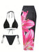 3PCS Filet Lily Imprimé Ensemble Bikini & Cache-Maillot Années 1950 2
