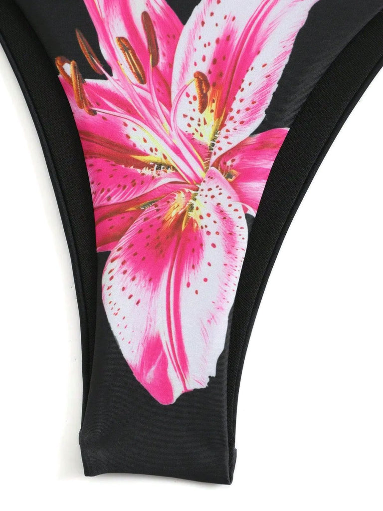 3PCS Filet Lily Imprimé Ensemble Bikini & Cache-Maillot Années 1950 4