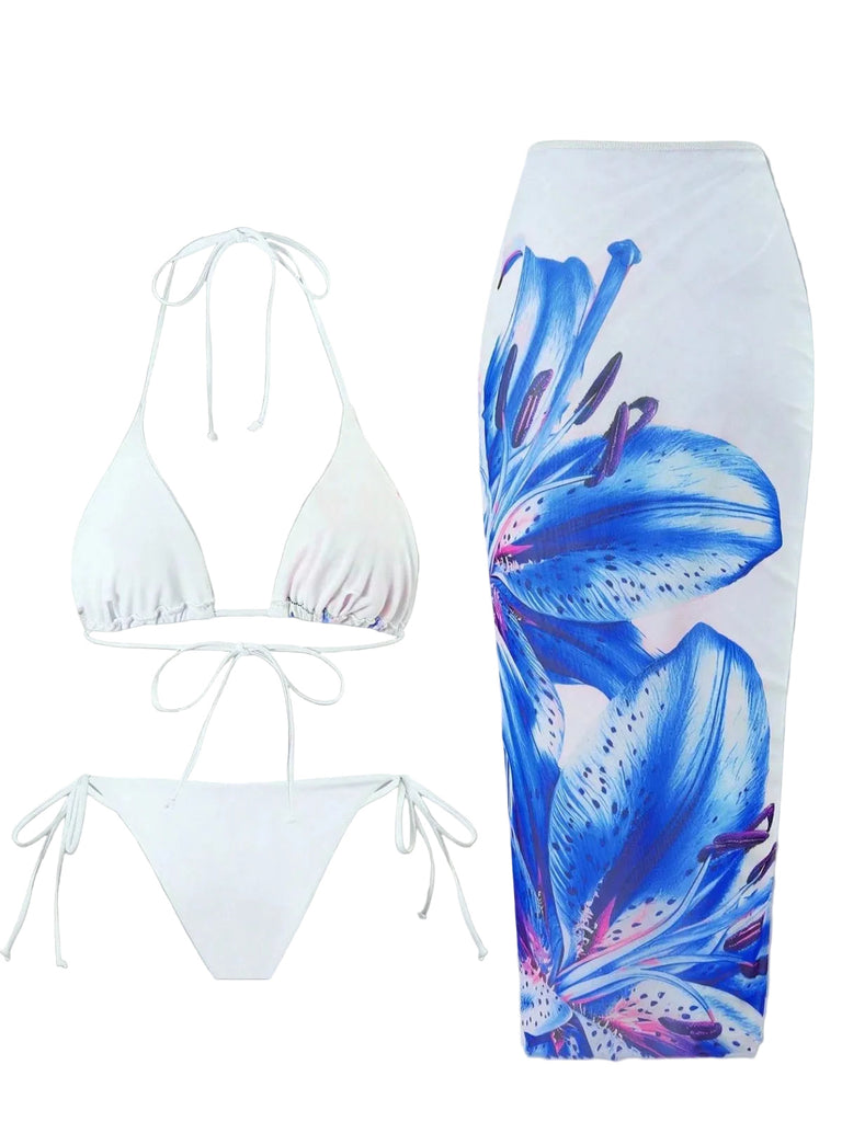 3PCS Filet Lily Imprimé Ensemble Bikini & Cache-Maillot Années 1950 6