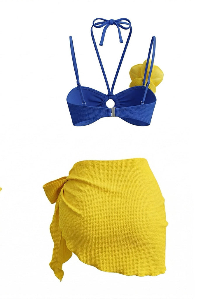 Ensemble Bikini Bleu Orchidée & Paréo Jaune Années 1980