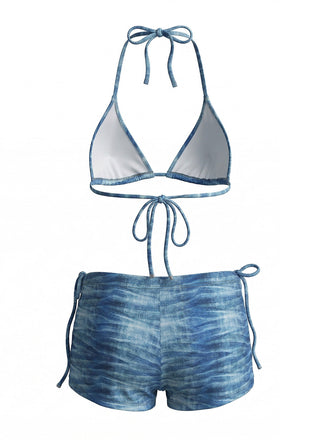 3 Pièces Bleu Clair Denim Plongeant Shorty Ensemble Bikini & Short Années 1980 2