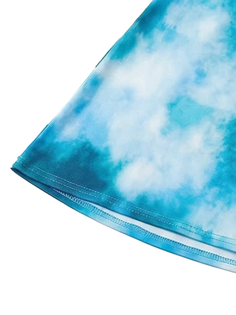 Robe Cache Maillot Longue Bleu Ciel Tie-Dye Halter à Découpes et Dos Nu Années '80 10