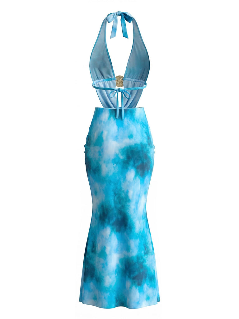 Robe Cache Maillot Longue Bleu Ciel Tie-Dye Halter à Découpes et Dos Nu Années '80 6