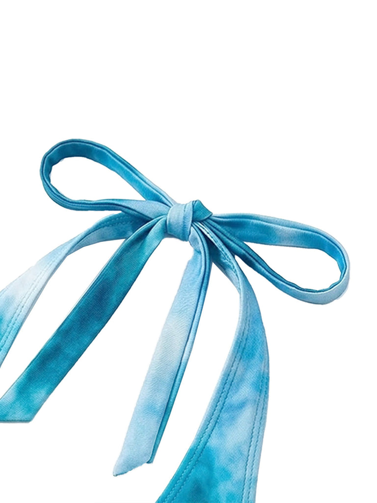 Robe Cache Maillot Longue Bleu Ciel Tie-Dye Halter à Découpes et Dos Nu Années '80 9