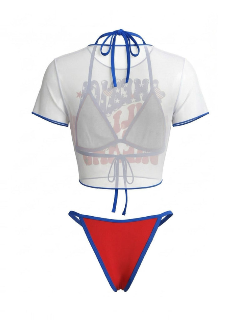 3PCS Ensemble Bikini et Cache Maillot Imprimé Patriotique Années 80