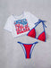 3PCS Ensemble Bikini et Cache Maillot Imprimé Patriotique Années 80