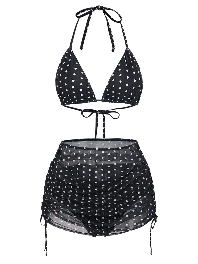 Noir à Pois Halter Ensemble Bikini & Cache-Maillot Années 1950 2
