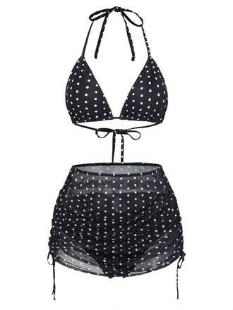 Noir à Pois Halter Ensemble Bikini & Cache-Maillot Années 1950 2