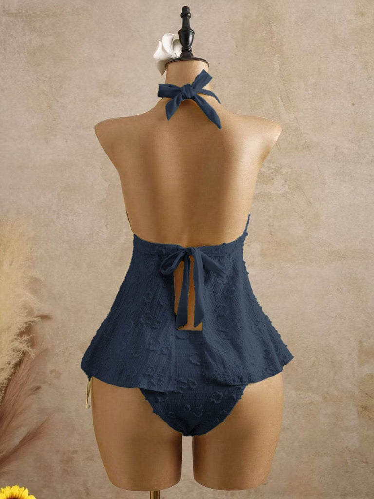 Ensemble tankini violet halter en V profond années 1950