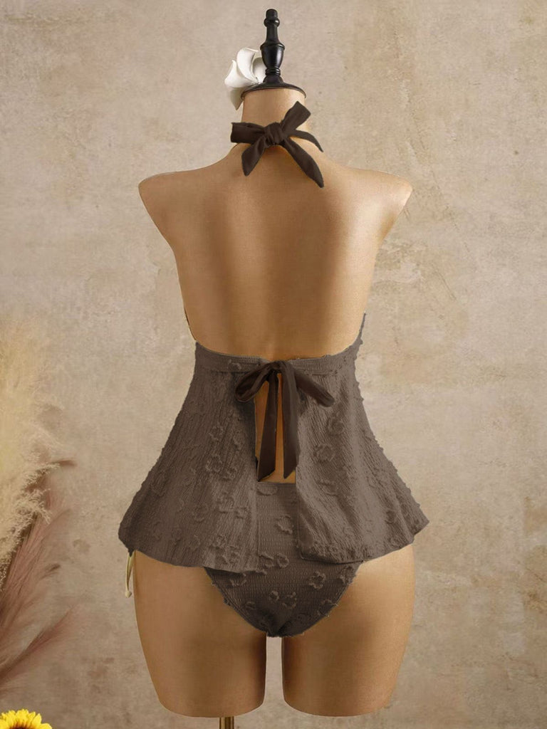 Ensemble tankini violet halter en V profond années 1950