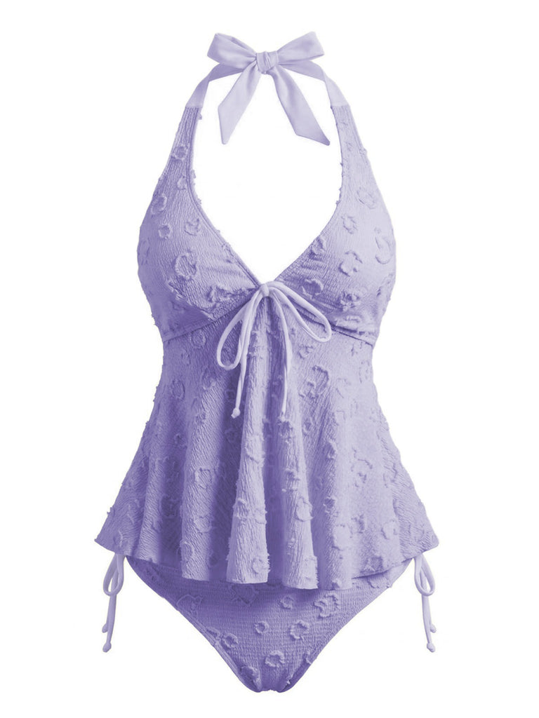 Ensemble tankini violet halter en V profond années 1950