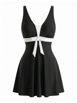 Ensemble Tankini Bicolore Nœud Noir et Blanc années 50 2