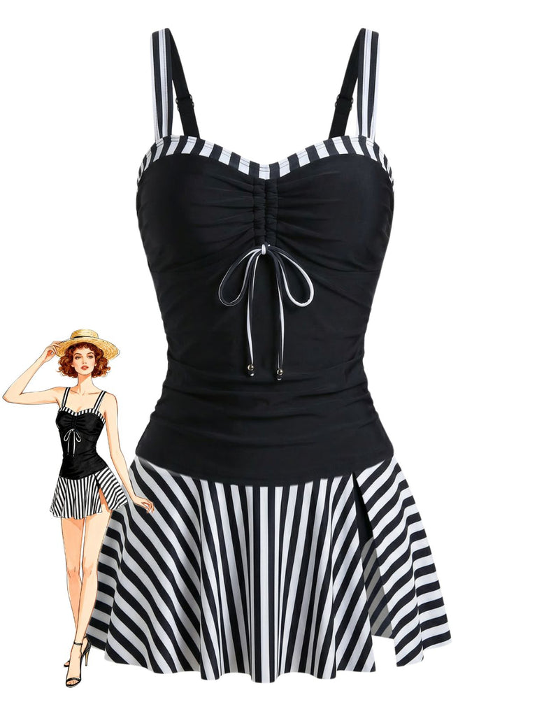 Set Tankini Noir à Rayures Color Block Froncé Années '50