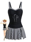 Set Tankini Noir à Rayures Color Block Froncé Années '50