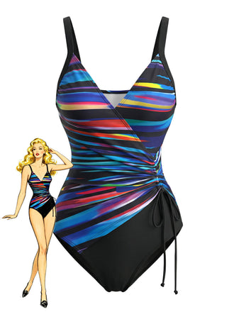 Maillot de Bain Une Pièce Bleu à Rayures Color Block à Cordon Années '40