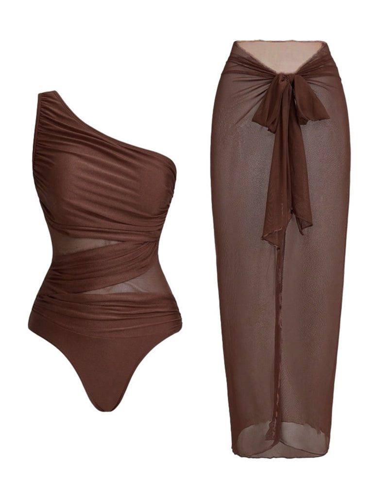 Maillot de bain une épaule froncée effet ventre plat paréo années 1950