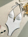 Maillot de Bain Halter Metallic Decor Texturé Une Pièce Blanc Années 1950 2