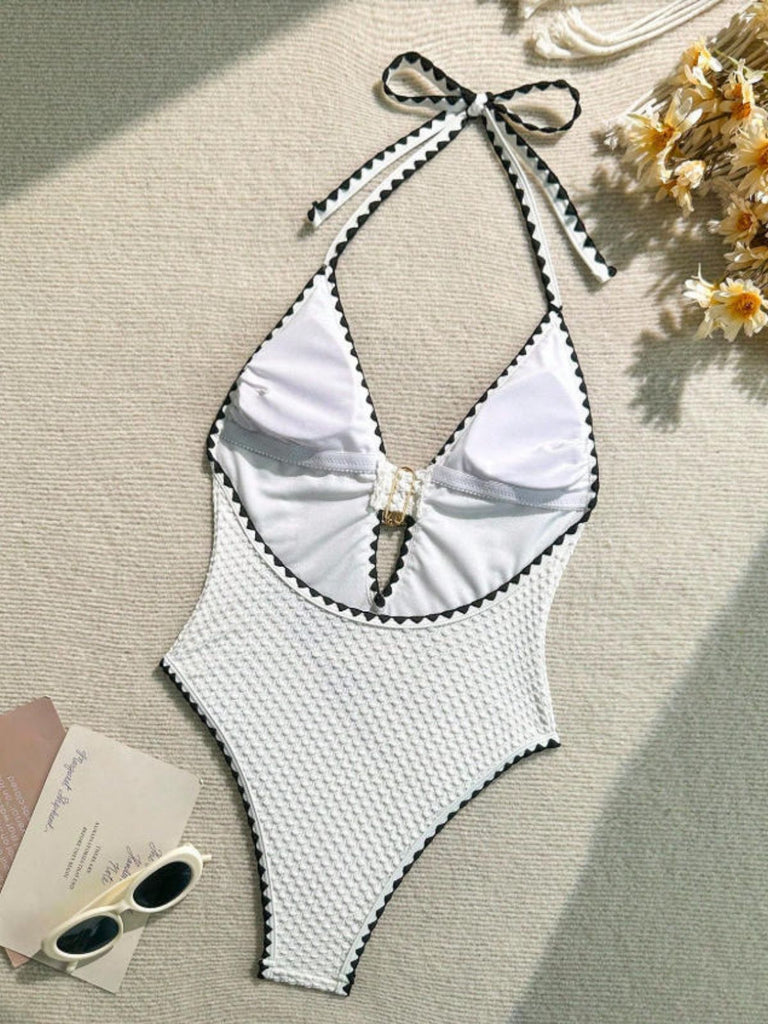Maillot de Bain Halter Metallic Decor Texturé Une Pièce Blanc Années 1950 3