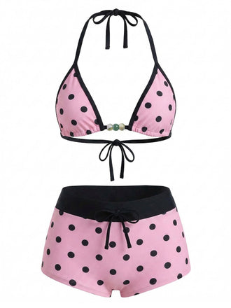 Maillot de Bain Halter rose et noire à pois années 1950