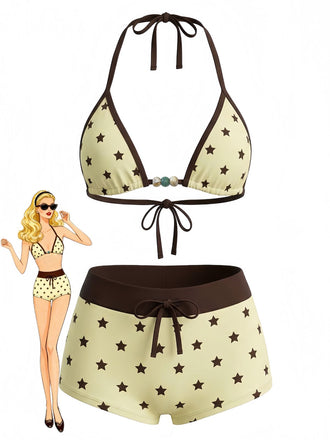 Tie Halter Perlé à Pois Maillot de Bain Set Années 1950
