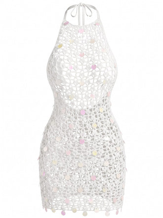 Cache-maillot blanc sequins ajourés crochet années 1960