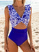 Bleu Foncé Porcelaine Blocs de Couleur Maillot de Bain Une Pièce Années 1970 2