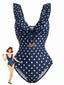 Maillot de bain une pièce bleu foncé à pois à volants et col en V années 1950