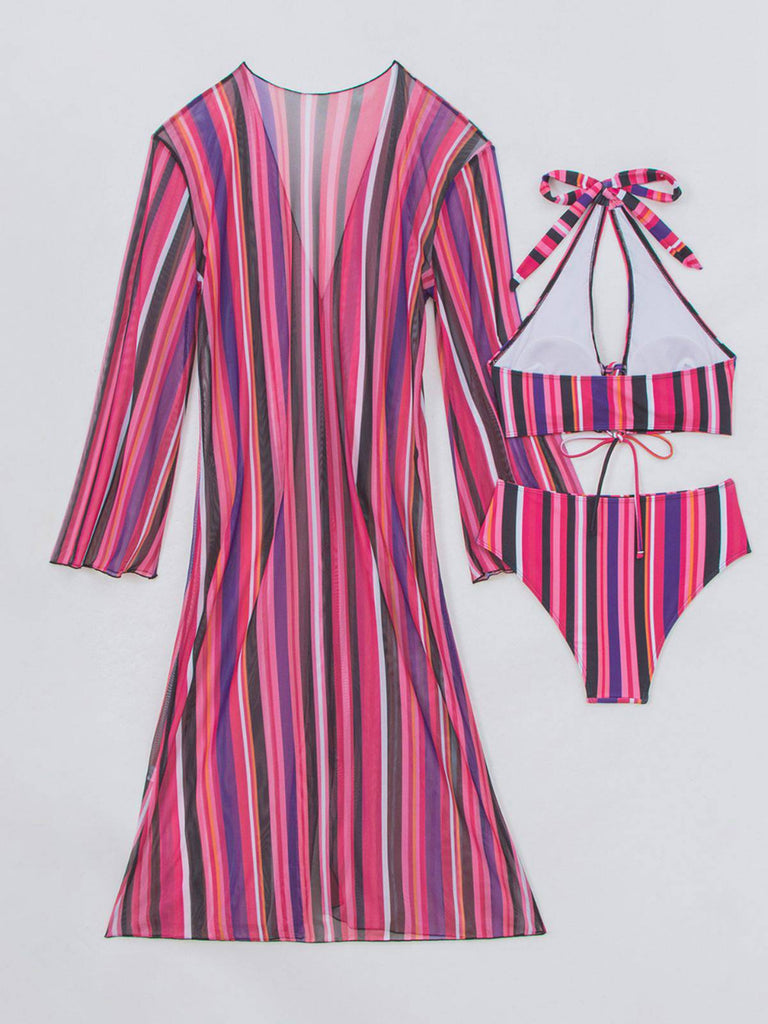 Ensemble Bikini Lacé à Rayures Verticales et Cache-Maillot Années 60