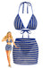 3 Pièces Bleu Halter Rayé Ensemble Bikini & Cache-Maillot Années 1960