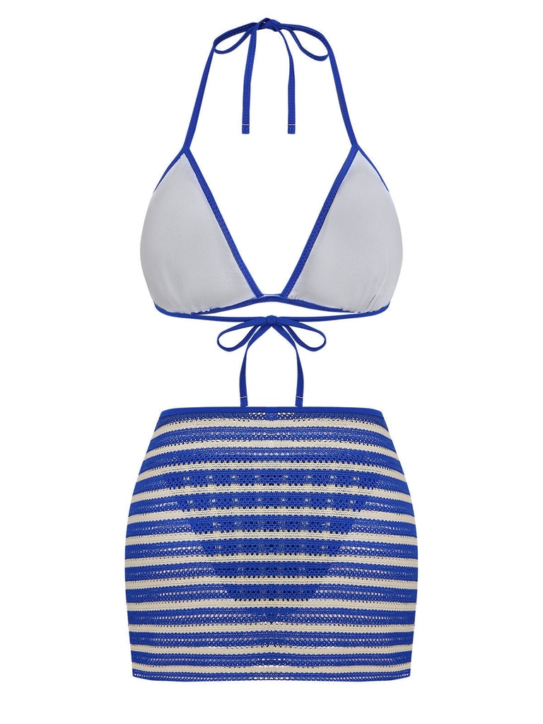 3 Pièces Bleu Halter Rayé Ensemble Bikini & Cache-Maillot Années 1960 3