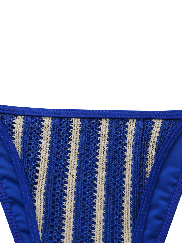 3 Pièces Bleu Halter Rayé Ensemble Bikini & Cache-Maillot Années 1960 4