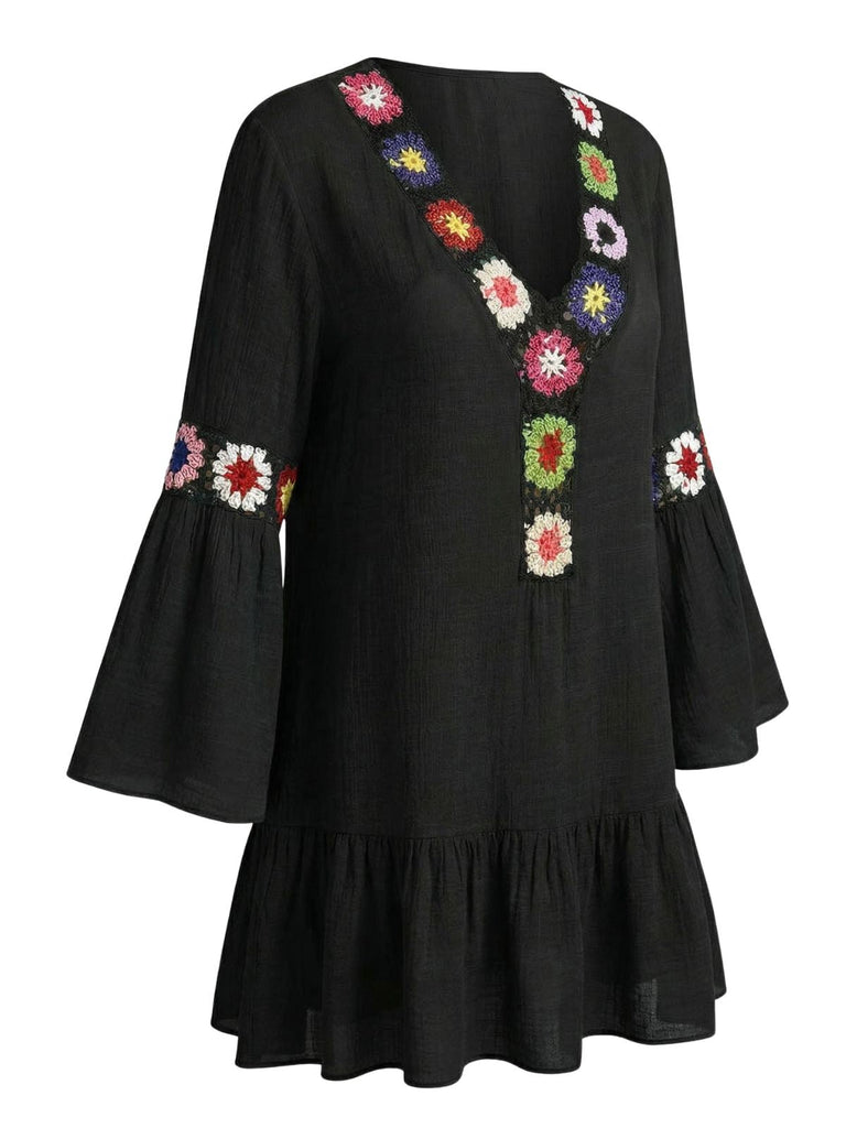 Cache Maillot à Volants et Broderie Florale Col V Années '70 2