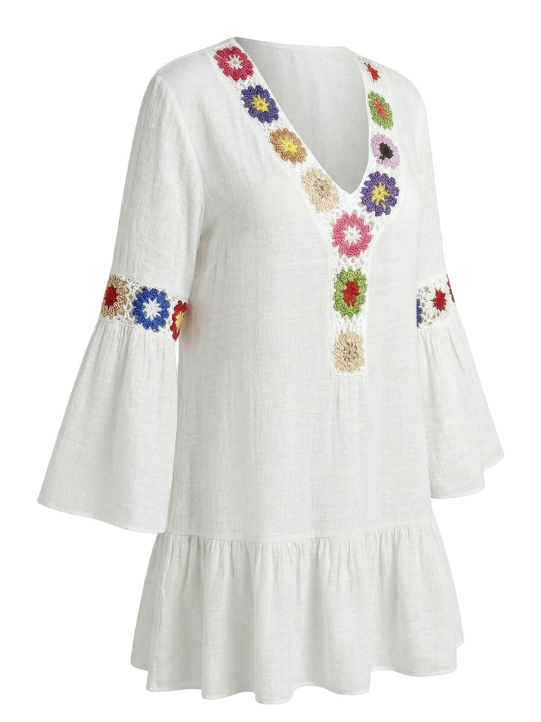 Cache Maillot à Volants et Broderie Florale Col V Années '70 5