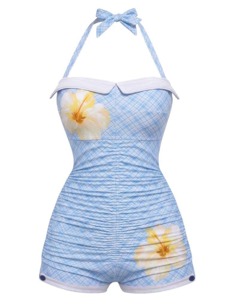 Maillot de Bain Une Pièce Dos-Nu Floral à Nœud Bleu Ciel Années 1950