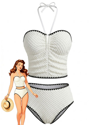 Ensemble Tankini Halter Bustier Texturé Blanc Années 1950