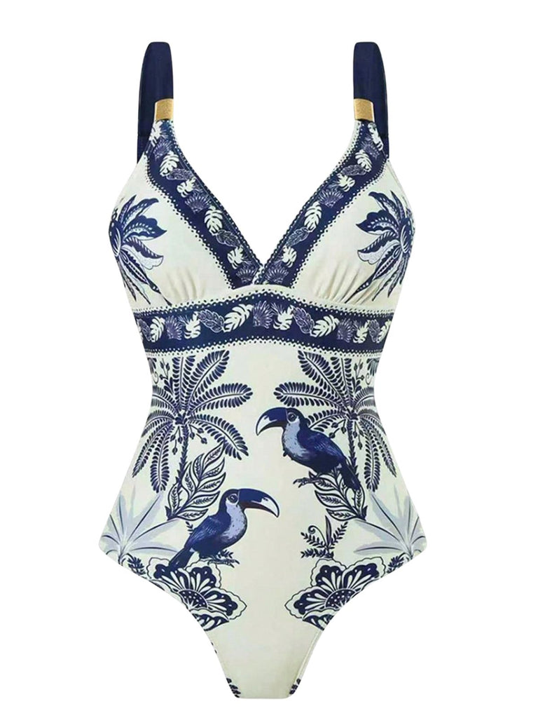 Maillot de Bain Une Pièce Bleu à Fleurs et Oiseaux avec Cache Maillot Années '30 3