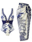 2PCS Maillot de bain une pièce et paréo bleus motif fleurs et oiseaux années 1930