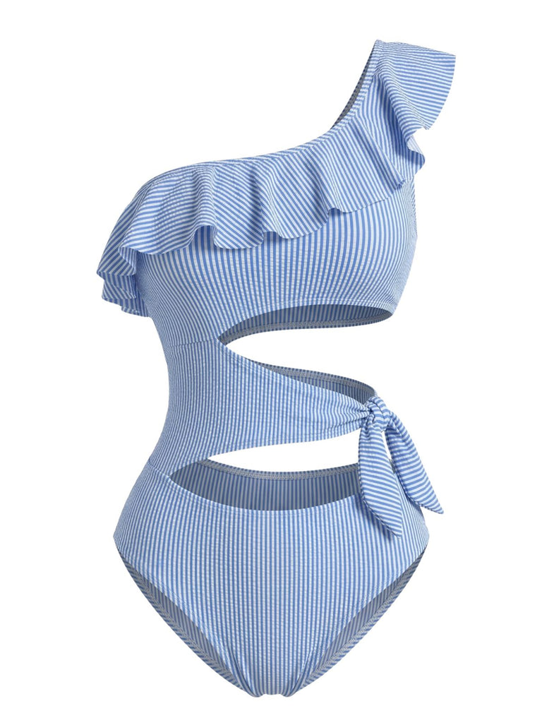 Maillot de Bain Une Pièce Bleu à Rayures Asymétrique à Découpes Années '40 3