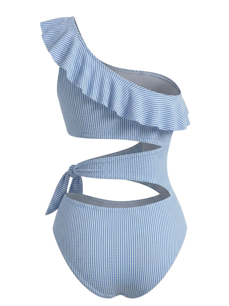 Maillot de Bain Une Pièce Bleu à Rayures Asymétrique à Découpes Années '40 4
