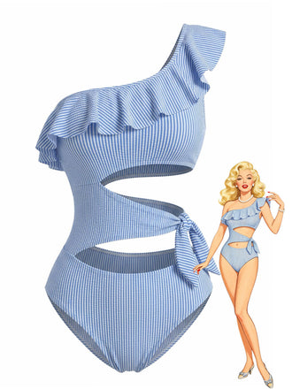 Maillot de Bain Une Pièce Bleu à Rayures Asymétrique à Découpes Années '40