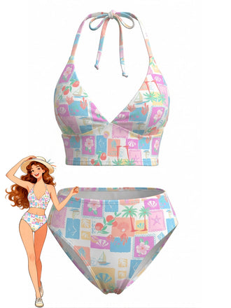 Ensemble Bikini Dos Nu Col en V Floral Carreaux Rose années 60