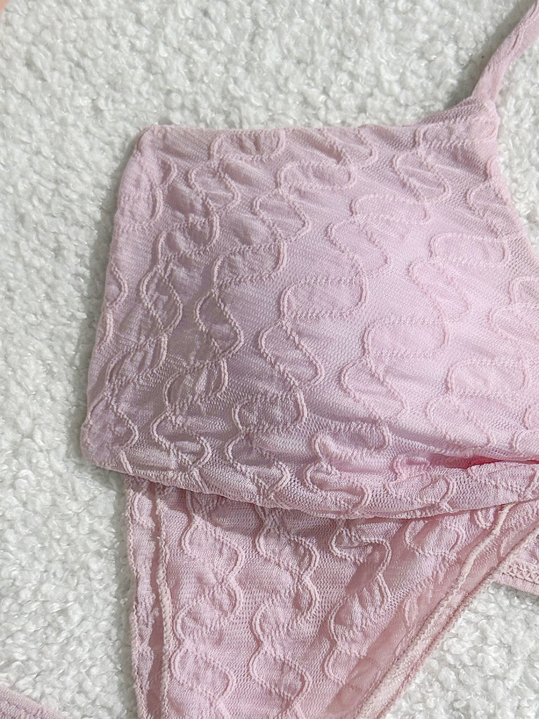 3PCS Set Bikini Rose Halter Plissé Torsadé et Cache Maillot Années '50 3