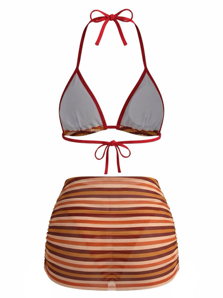 2PCS Ensemble bikini dos nu rayé marron et jupe froncée années 60