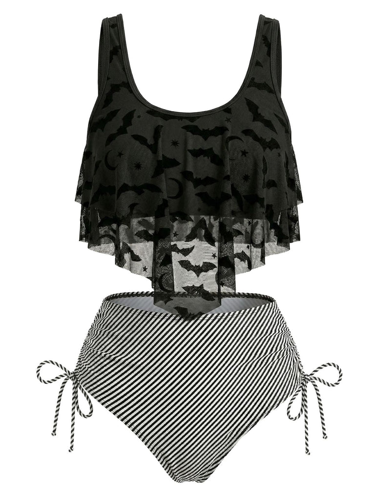 Set Tankini Gothique en Résille à Rayures Imprimé Chauve-Souris Années '70
