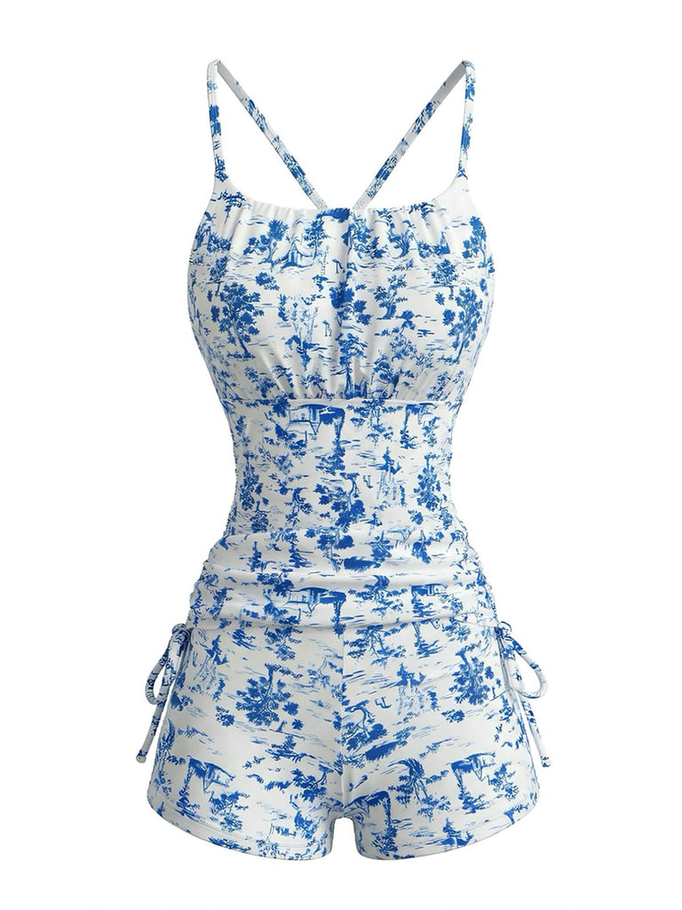 Tankini Rose À Motif Toile De Jouy Années 1950