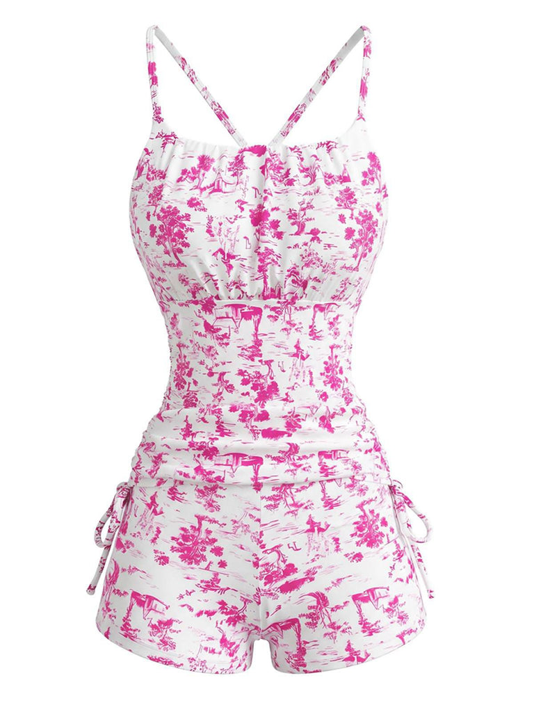 Tankini Rose À Motif Toile De Jouy Années 1950